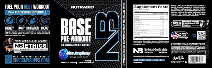 NutraBio Base Pre-Workout Powder 200mg Caffeine, Sustained Energy, Focus, Endurance, Pump, Sugar Free, Clean Preworkout for Men and Women - Beta Alanine, L-Tyrosine, 30 Servings - Blue Raspberry