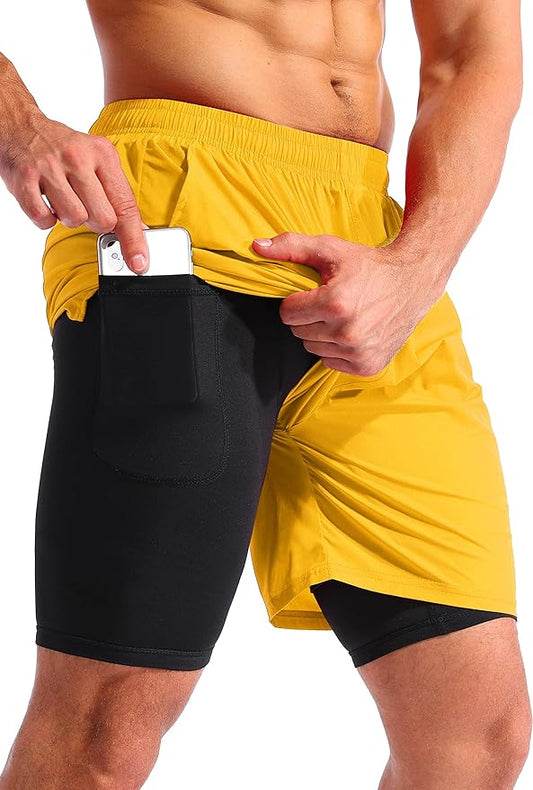 Pudolla Men’s 2 in 1 Running Shorts 5" Quick Dry Gym Athletic Workout Shorts for Men with Phone Pockets