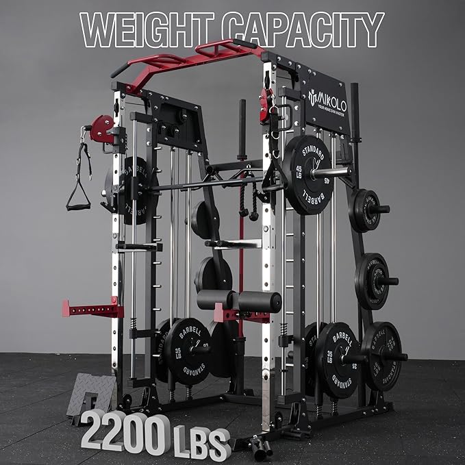 Mikolo Smith Machine, 2200lbs Squat Rack with LAT-Pull Down System & Cable Crossover Machine, Training Equipment with Leg Hold-Down Attachment