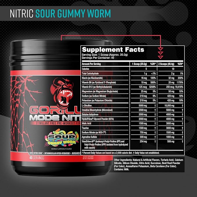 Gorilla Mode Nitric Upgraded Stimulant Free Pre-Workout – Best Tasting and Most Effective Stimulant Free Pre-Workout/Massive Pumps · Vasodilation · Power / 808 Grams (Sour Gummy Worms)