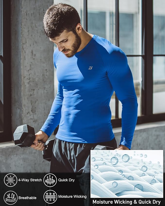 Roadbox Mens Compression Shirt, Cool Dry Long Sleeve Workout Shirts, Running Athletic Football Gym Base Layer Tops UPF 50+