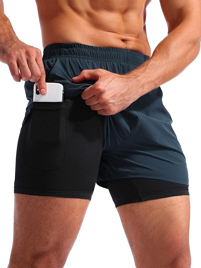 Pudolla Men’s 2 in 1 Running Shorts 5" Quick Dry Gym Athletic Workout Shorts for Men with Phone Pockets