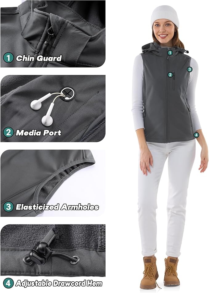 Outdoor Ventures Women's Hooded Lightweight Softshell Vest, Windproof Fleece Lined Sleeveless Jacket for Golf Running Travel