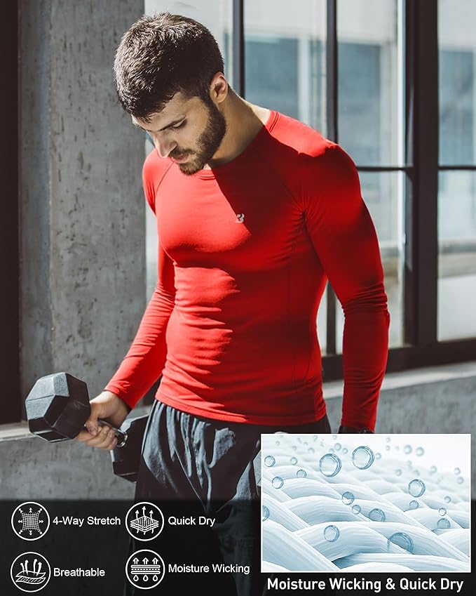Roadbox Mens Compression Shirt, Cool Dry Long Sleeve Workout Shirts, Running Athletic Football Gym Base Layer Tops UPF 50+