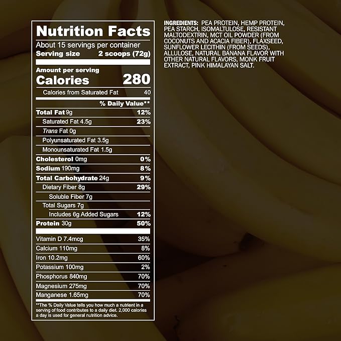 Blueprint by Bryan Johnson Vegan Protein Meal Replacement – Plant Based Hemp Protein with 27g Protein Per Serving – Low Calorie, Flavored Protein for Women & Men – Dairy Free – 15 Servings - Banana