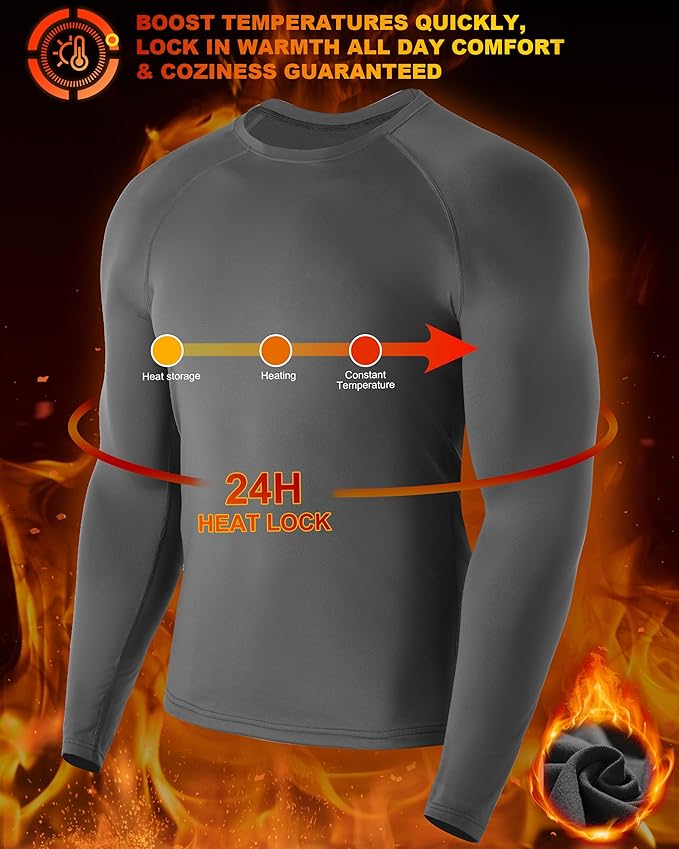 Mens Thermal Compression Shirts, Warm Long Sleeve Fleece Lined Tops Athletic Base Layer for Running Cold Weather