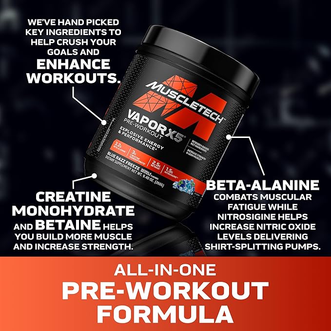 MuscleTech Pre-Workout Powder, Vapor X5 - Sports Nutrition Muscle Building Supplements for Women & Men - Intense Muscle Pump Energy Powder Drink Mix - Blue Razz Freeze, 266g (30 Servings)