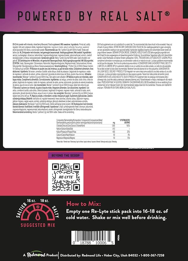 REDMOND Re-Lyte Hydration Electrolyte Powder Mix (Mixed Berry) 30 Stick Pack