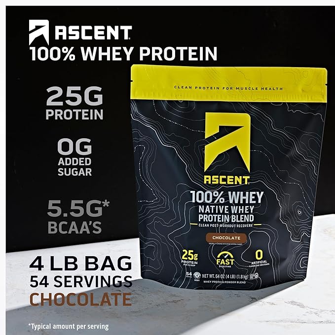 Ascent 100% Whey Protein Powder - Post Workout Whey Protein Isolate, Zero Artificial Flavors & Sweeteners, Soy & Gluten Free, 5.5g BCAA, 2.6g Leucine, Essential Amino Acids, Chocolate 4 lb