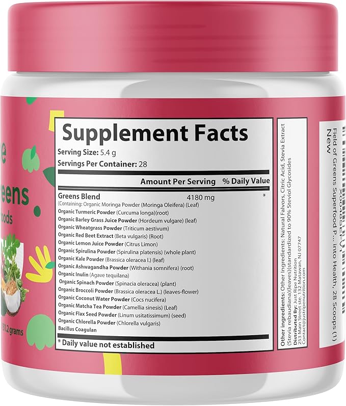 Field of Greens Superfood Powder with Organic Spirulina, Chlorella, Beet Root Powder - Bacillus Coagulans Probiotic, A Plant-Based Mix Supporting Gut Health, Immunity, 28 Scoops - Mixed Berry