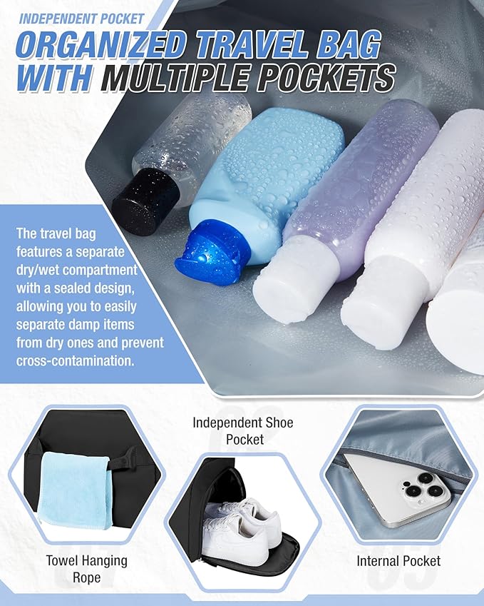 Gym Duffle Bag for Women Carry on Luggage Travel Essentials Airline Approved Personal Item 18x14x8 Inches Lightweight Weekender Sports Travel Duffel Bag with Shoe Compartment Wet Pocket Men Black