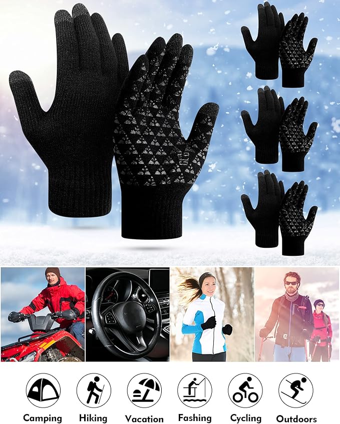 SATINIOR 4 Pairs Winter Gloves for Men Knit Warm Lining Cold Weather Gloves with Anti Slip Grips Touch Screen Texting Mittens