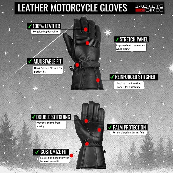 Jackets 4 Bikes Winter Motorcycle Gloves, Premium Biker Sheep Leather Thinsulate Warm Cold Weather Water Resistance Windproof Gauntlet for Men and Women