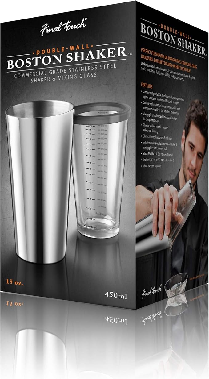 Final Touch Double-Wall Boston Shaker Set - Stainless Steel Mixing Glass with Silicone Seal - BPA-Free, Compact Storage - Leak-Proof Design - Cocktail Bartender Kit (FTA1852)