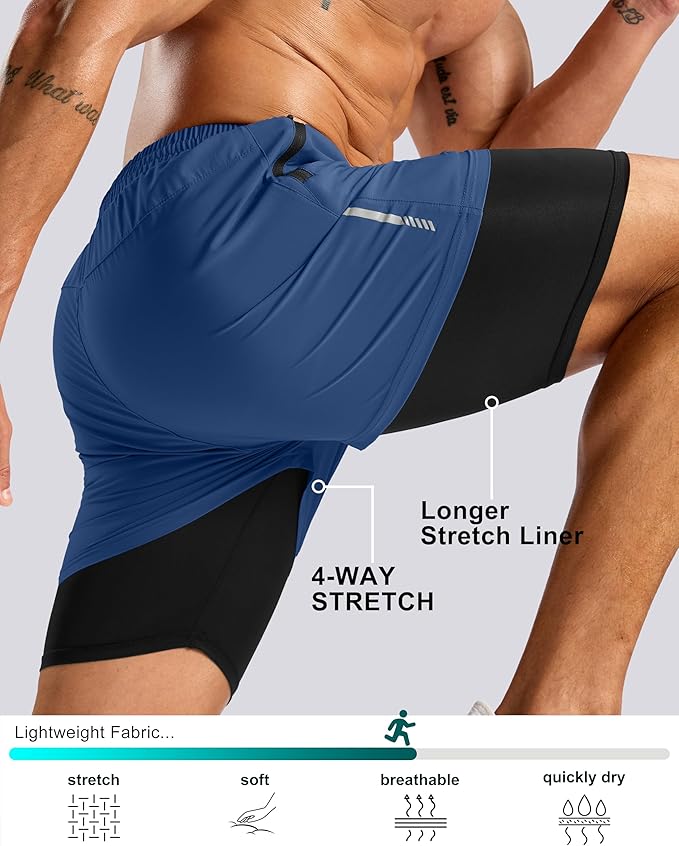 Pudolla Men's 7" Running Shorts with Zipper Pockets Quick Dry 2 in 1 Workout Gym Shorts with Liner for Tennis Yoga Training