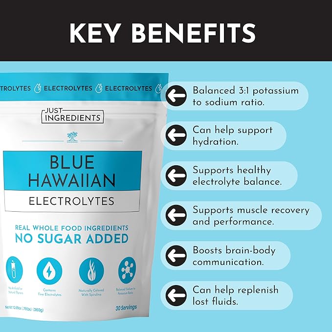 Blue Hawaiian Electrolytes Drink Mix | 30 Servings | Organic Coconut Water, Blue Spirulina & 5 Key Electrolytes | Supports Hydration, Electrolyte Balance & Muscle Recovery* | No Sugar Added