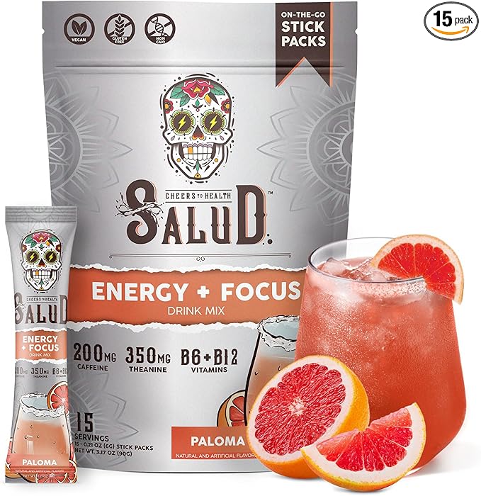 Salud 2-in-1 Energy Drink Powder + Focus, Paloma, Organic Caffeine, B6 + B12, Theanine, Clean Energy Drink Packets, Agua Fresca Mix, Non-GMO, Gluten Free, Vegan, 1g of Sugar, (15 Servings)