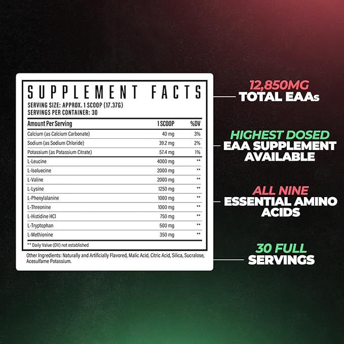 Huge EAA Supplement, Highest Dosed Essential Amino Acids Powder, 12.85g EAAs & 8g BCAAs Per Serving, Maximize Muscle Growth, Recovery & Performance (Watermelon Lemonade, 17.73 Oz.)
