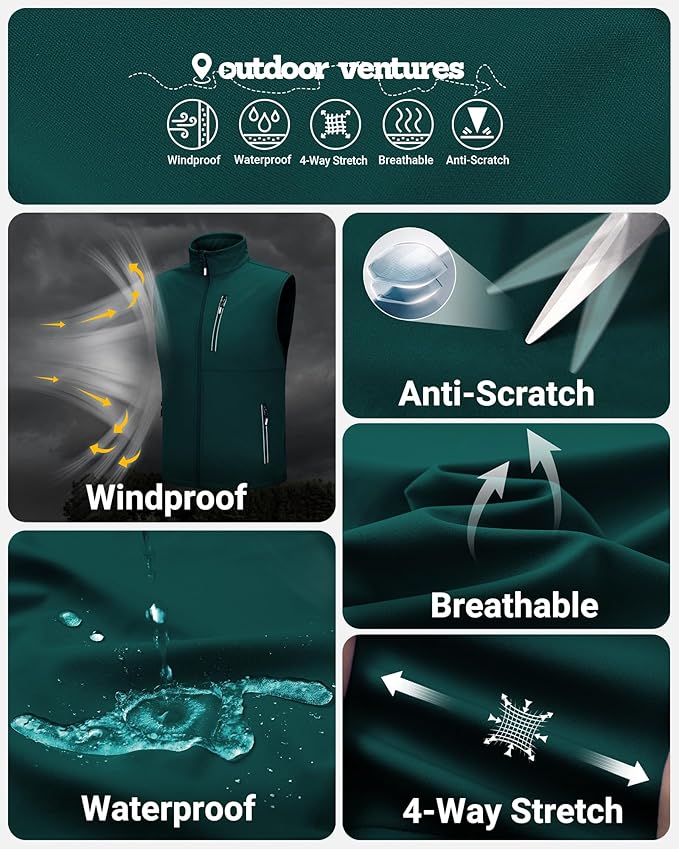 Outdoor Ventures Men's Windproof Softshell Vest Outerwear Lightweight Sleeveless Jacket for Running Golf Hiking Travel