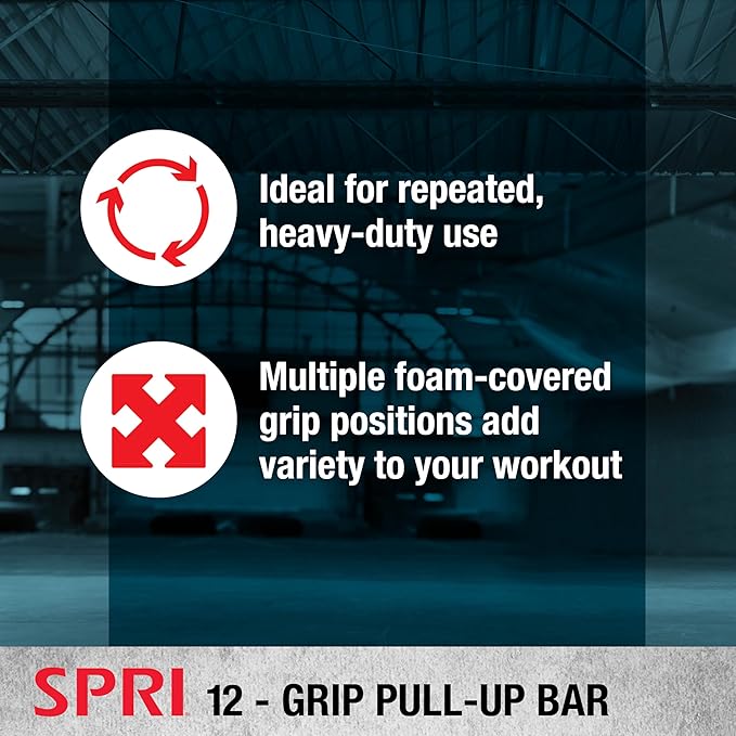 SPRI Pull Up Bar - 8-Grip and 12-Grip Door Frame Mounting Pull-Up Bar for Versatile Workouts - Rugged Steel Frame with Foam Handles - Supports 300 Pounds - Fits Door Frames Up to 32 in. Wide – Black