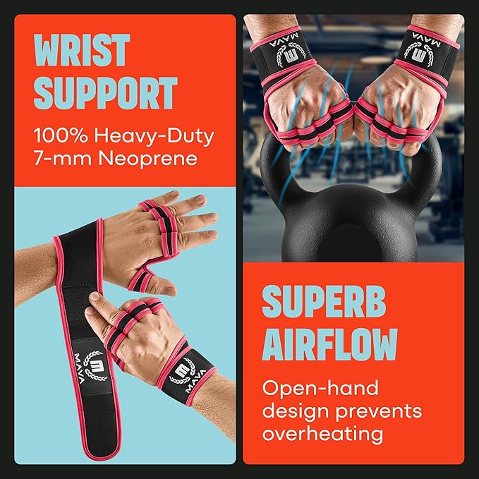 MAVA Open Gym Gloves for Men & Women; Padded Weight Lifting Gloves with Wrist Support for Comfort, Protection; Strong-Grip Fingerless Workout Gloves for Men & Women; Anti-Sweat Gym Accessories