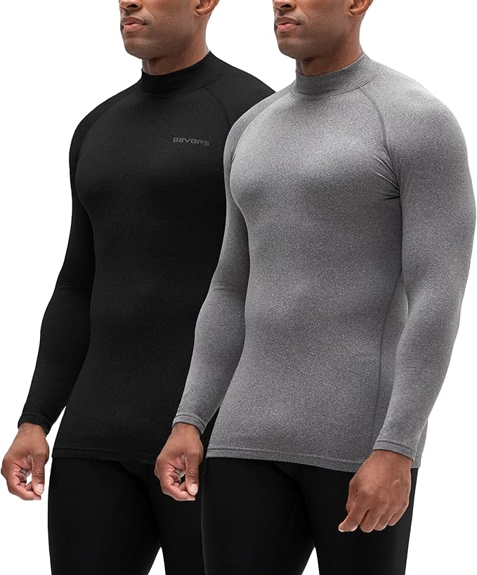 DEVOPS 2 Pack Men's Thermal Turtle Mock Neck Shirts, Compression Long Sleeve Tops and Hoodies