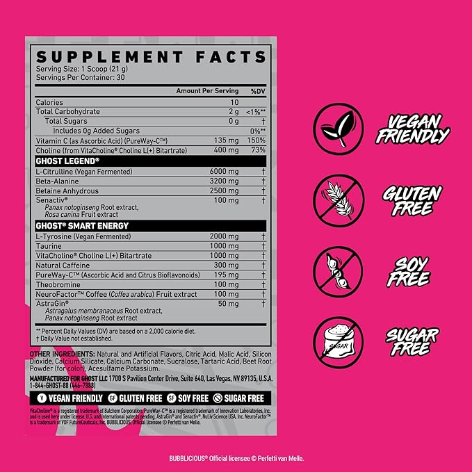 GHOST Legend Pre-Workout Powder, Bubblicious Strawberry Splash - 30 Servings – Pre-Workout for Men & Women with Choline, L-Citrulline, & Beta Alanine for Energy & Focus