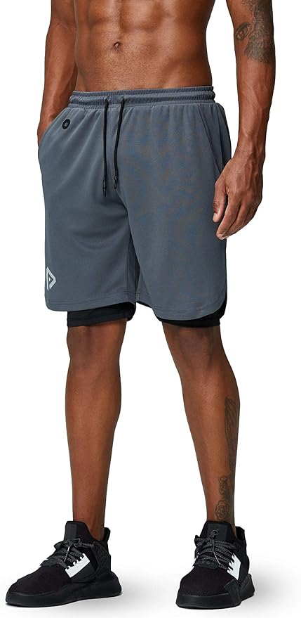 Pinkbomb Men's 2 in 1 Running Shorts Gym Workout Quick Dry Mens Shorts with Phone Pocket