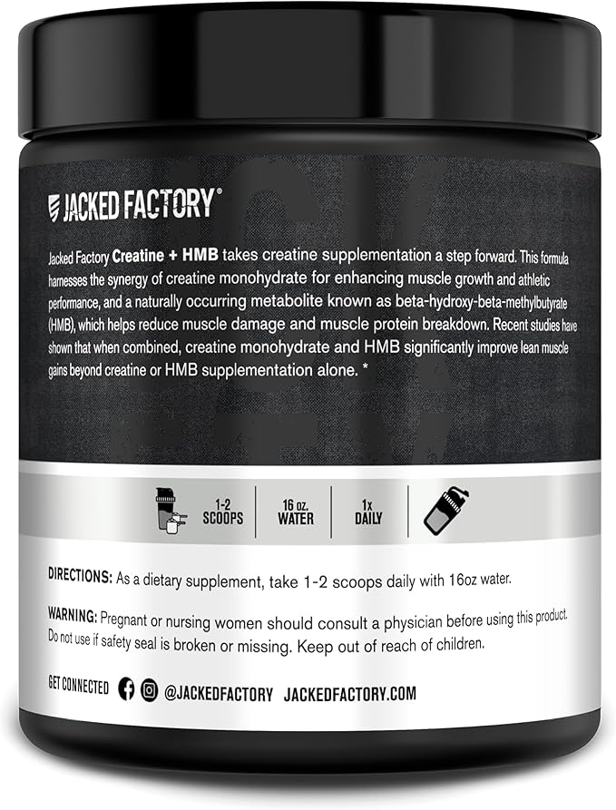 Jacked Factory Creatine HMB Powder Supplement with Creatine Monohydrate & HMB for Men & Women for Muscle Growth, Increased Strength, Enhanced Energy - 30 Servings, Unflavored
