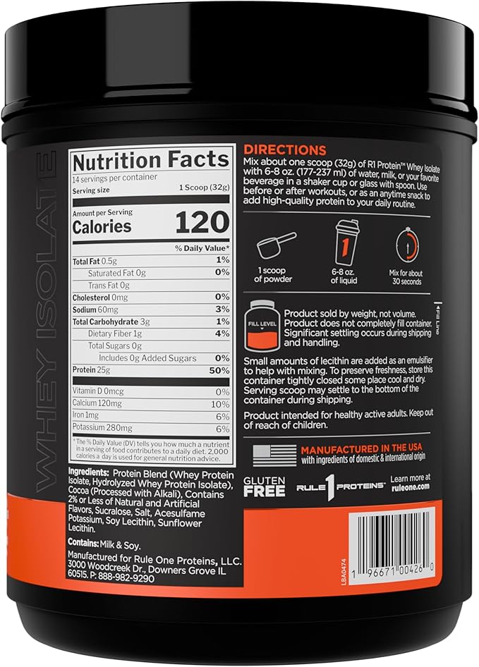 Rule 1 R1 Protein Whey Isolate - with 25g Protein & 6g BCAA Exclusively from Isolated & Hydrolyzed Sources for Workout Recovery (1 Pound*, Chocolate Fudge)