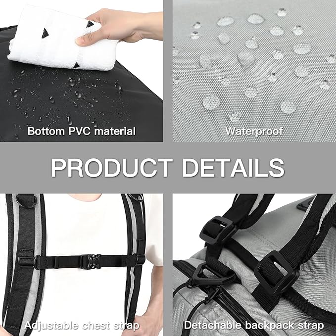 Large Travel Duffle Bag Backpack for Men Women 70L Big Sports Gym Bag with Shoe Compartment Heavy Duty Duffel Bags with Padded Straps for Weekend Overnight Camping, Grey