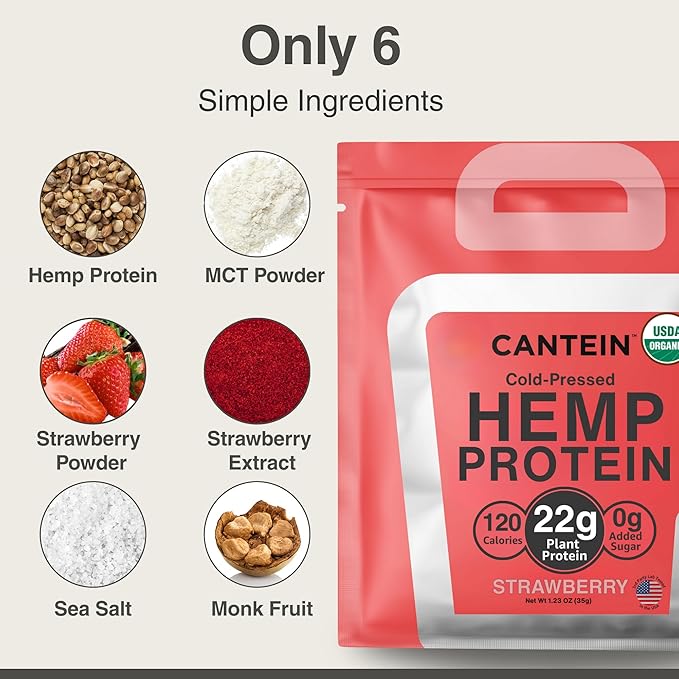 Organic Hemp Protein Powder, Plant Based and Vegan Protein Shake, Lactose and Dairy Free, Gluten Free, Clean and Natural- Strawberry (1 Serving)