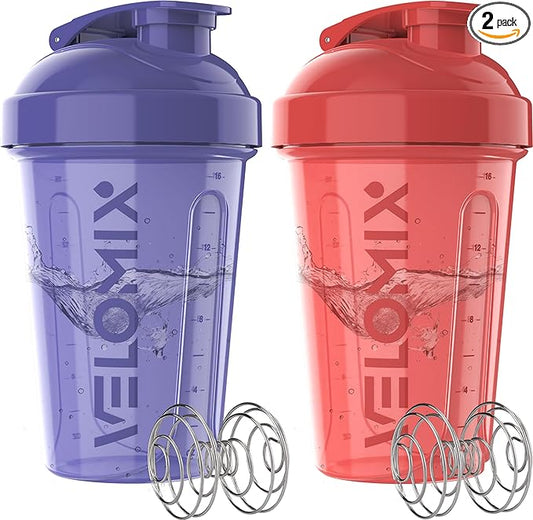 VELOMIX -2 Pack- 20 oz Protein Shaker Bottles for Protein Mixes - 2x Wire Whisk | Leak Proof Shaker Cups for Protein Shakes and Pre Workout | Protein Shaker Bottle Pack (Blush Storm)
