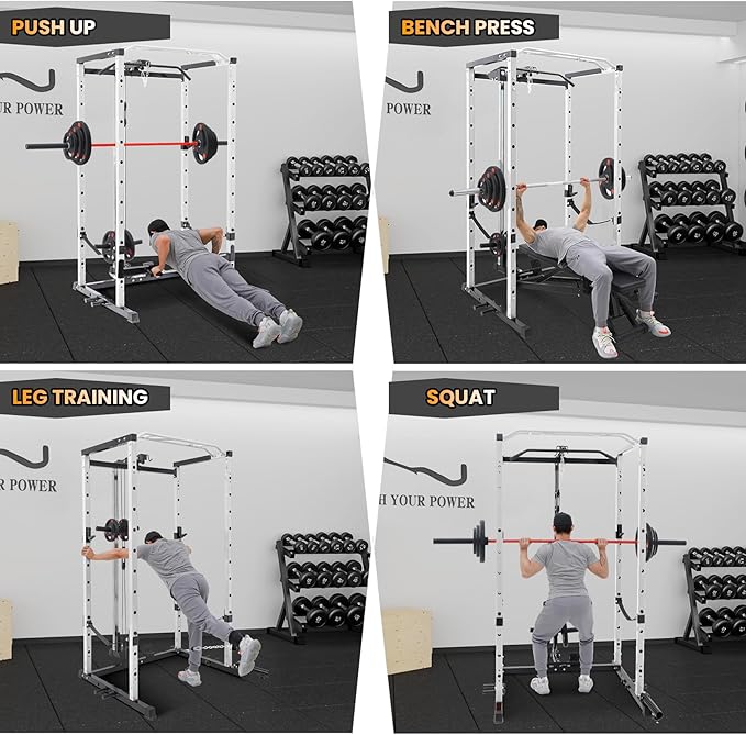 Power Cage with LAT Pulldown Machine - Squat Rack for Home Gym, Multi-Functional Weight Cage with Cable Pulley System, Dip Bars & Landmine Attachment