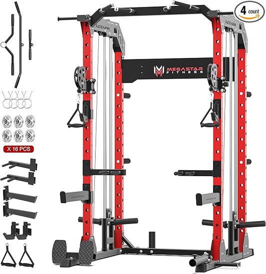 Power Rack for Home Gym – 2000LB Capacity Multifunction Squat Rack with Cable Crossover, Includes 16 Professional attachments for Home Gym Strength Training, P63 Rampage