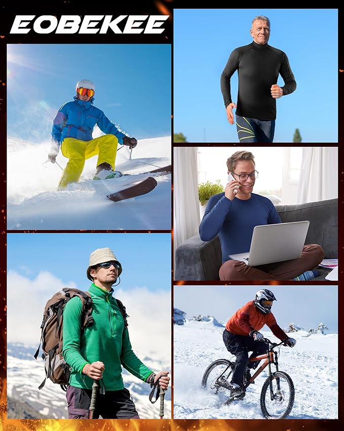 Men's Thermal Compression Shirts, Long Sleeve Fleece Lined Turtleneck Undershirt, Cold Weather Ski Base Layer Tops