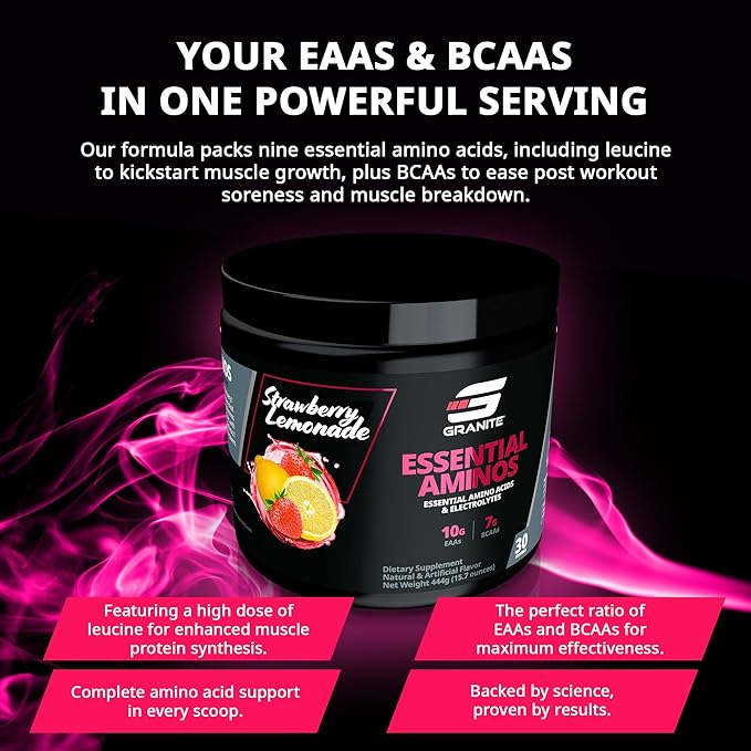 Granite Essential Amino Acids Powder for Muscle Recovery and Growth with 10g EAAs and 7g BCAAs - Soy-Free, Gluten-Free, 448g (30 Servings), Strawberry Lemonade