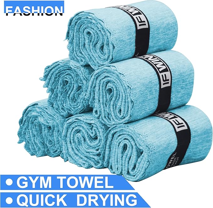 6 Pack Microfiber Gym Towels for Working Out - Fast Drying Sports Accessories, Men & Women (Blue - Lace Edge, 31" x 15.5")
