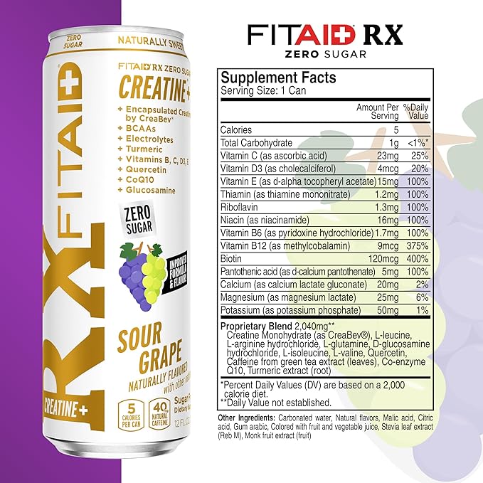 FITAID RX Zero Sugar, Encapsulated Creatine, Workout Recovery Drink, All-In-One Blend, BCAAs, Glucosamine, Turmeric, B-Complex, Electrolytes, Variety Pack, 12 Fl Oz (Pack of 24)