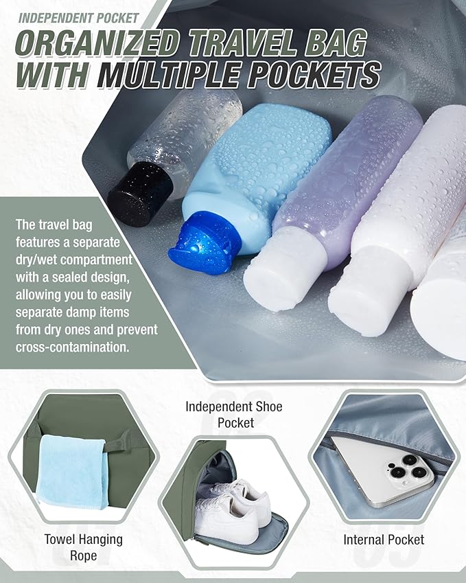 Gym Duffle Bag for Women Carry on Luggage Travel Essentials Airline Approved Personal Item 18x14x8 Inches Lightweight Weekender Sports Travel Duffel Bag with Shoe Compartment Wet Pocket Men Green