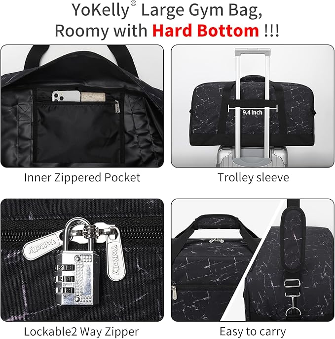 55L Mens Duffle Bag for Travel - 25 inch Sports Duffel Bag with Hard Bottom - Marble Black