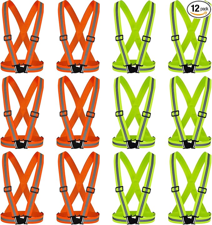 Hercicy 12 Pcs Reflective Vest High Visibility Safety Vests, Adjustable Bright Neon Lightweight Strap Gear (Yellow,Orange)