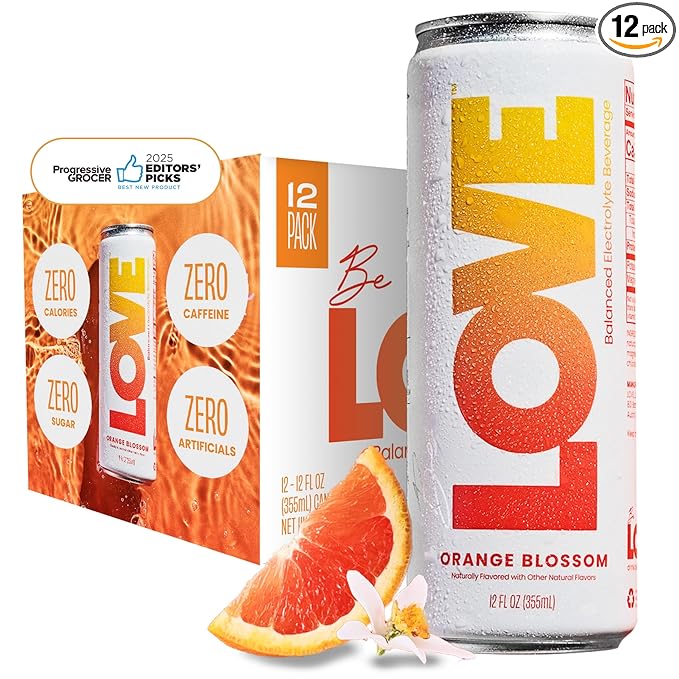 Be LOVE Balanced Electrolyte Beverage with Magnesium, Potassium & Sodium - Purified Still Beverage for Daily Hydration, Exercise, Work & Wellness- Zero Sugar, Gluten Free (Orange Blossom, 12oz x 12ct)