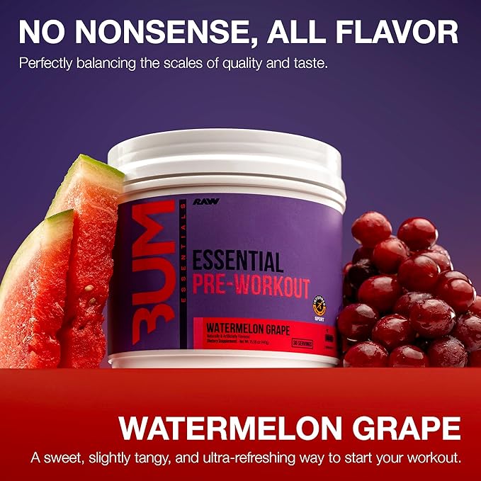 RAW Essential Pre-Workout Powder (Watermelon Grape) - Chris Bumstead Sports Nutrition Supplement for Men & Women - Preworkout Energy Powder with Caffeine, L-Citrulline, L-Tyrosine & Beta Alanine Blend