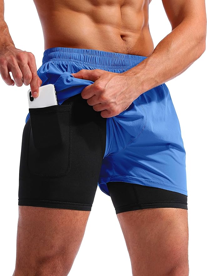 Pudolla Men’s 2 in 1 Running Shorts 5" Quick Dry Gym Athletic Workout Shorts for Men with Phone Pockets