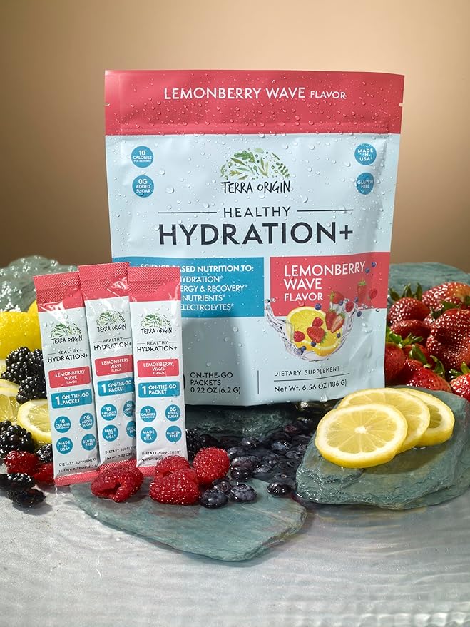 TERRA ORIGIN Healthy Hydration+ Weekend Recovery | 30 Packets | Zero Sugar Powder Drink for Energy and Recovery | Lemonberry Wave