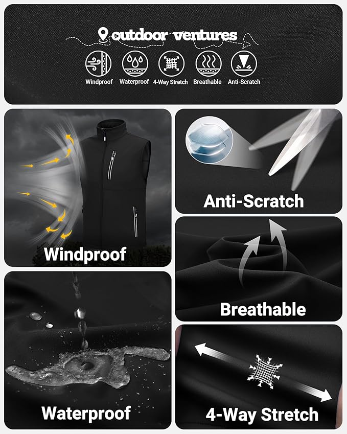 Outdoor Ventures Men's Windproof Softshell Vest Outerwear Lightweight Sleeveless Jacket for Running Golf Hiking Travel