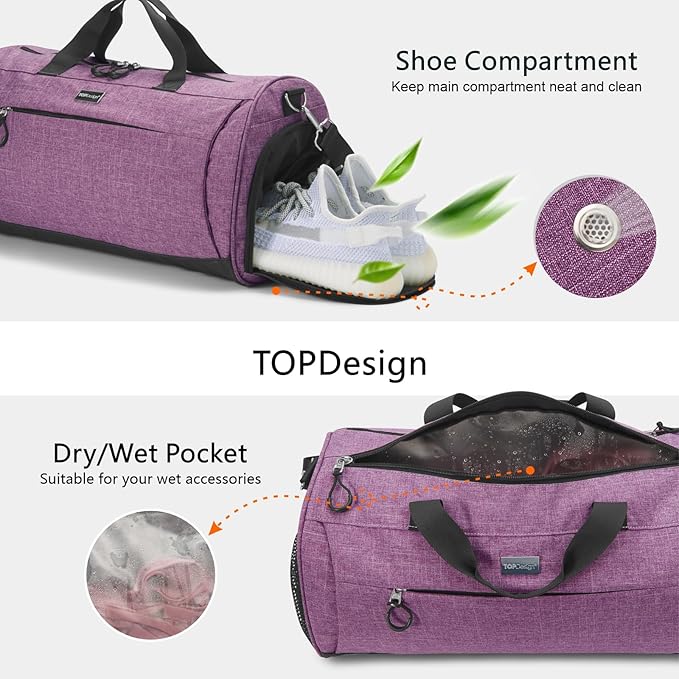 TOPDesign Gym Bag for Women & Men, Unisex Duffel Bag with Shoe Compartment & Wet Pocket for Travel Sports Gym (M Textured Purple)