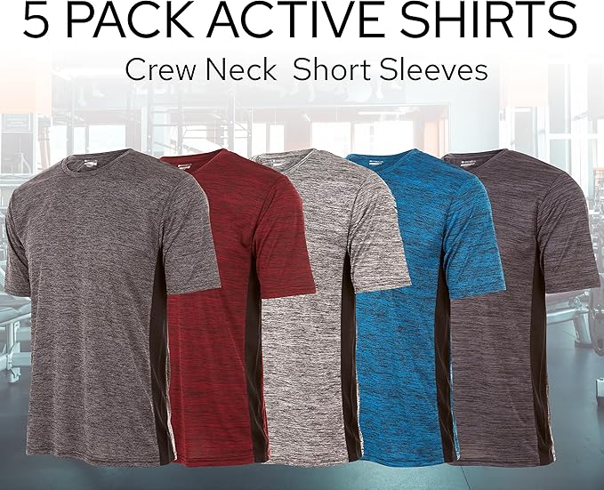 Mens Active T-Shirt - Quick-Dry Athletic Workout Training Crew Neck Short Sleeve Top 5 Pack