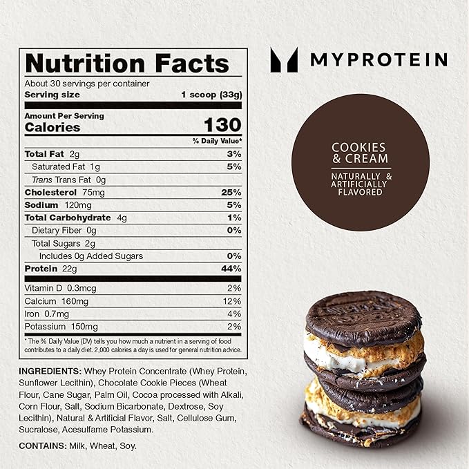 Myprotein Impact Whey Protein Powder, 2.2 Lbs (32 Servings) Cookies & Cream, 22g Protein & 5g BCAA Per Serving, Protein Shake for Superior Performance, Muscle Strength & Recovery, Gluten Free